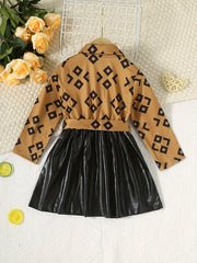 Kid Girl's Geo Print LS Shirt Leather Skirt Dress Outfit