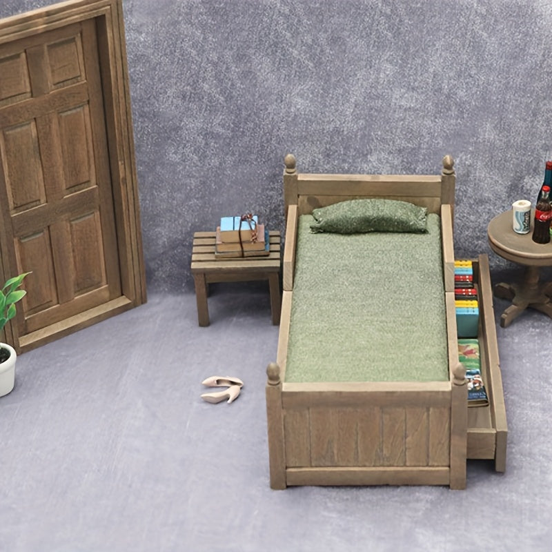 1:12 Scale Dollhouse Bed with Storage Drawer Vintage Natural Wood Construction
