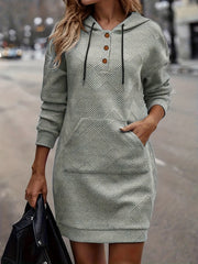 Button Up Hooded Drawstring Sweatshirt Dress