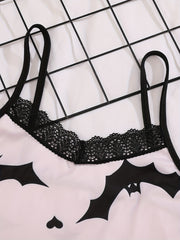 Bat Print Pajama Set Lace Trim Cami Top & Shorts Sleepwear