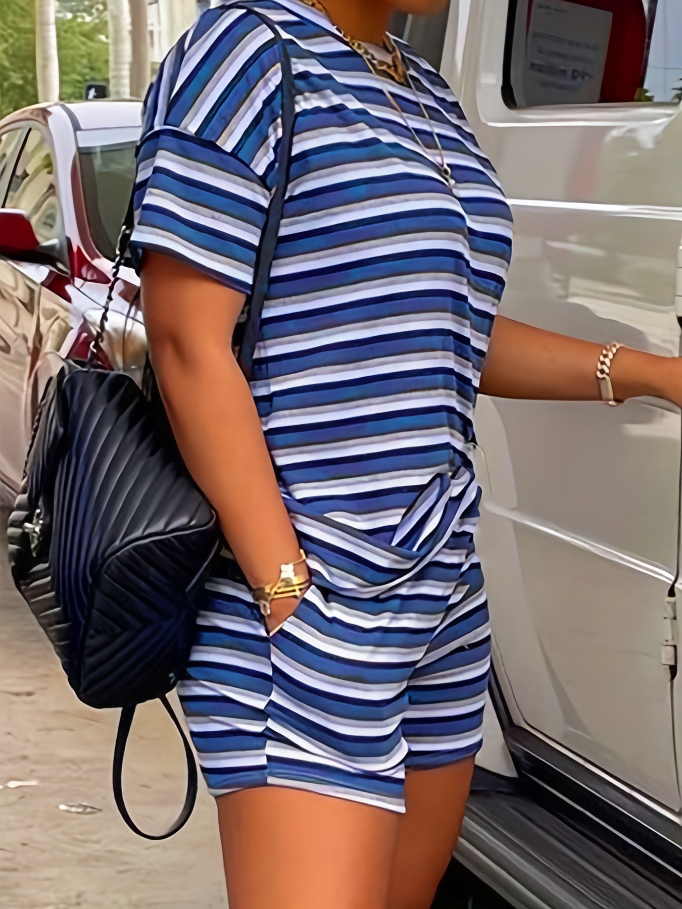 Striped Print Casual Two piece Set Crew Neck Short Sleeve Tee & Shorts