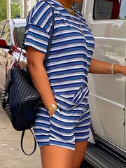 Striped Print Casual Two piece Set Crew Neck Short Sleeve Tee & Shorts