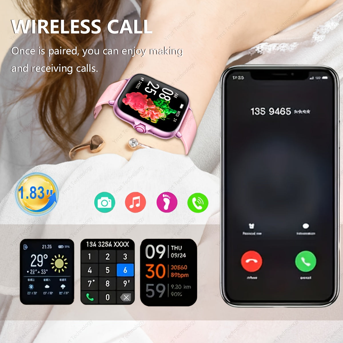 Full Touch Smartwatch: Wireless Calling, Notifications, USB Charging