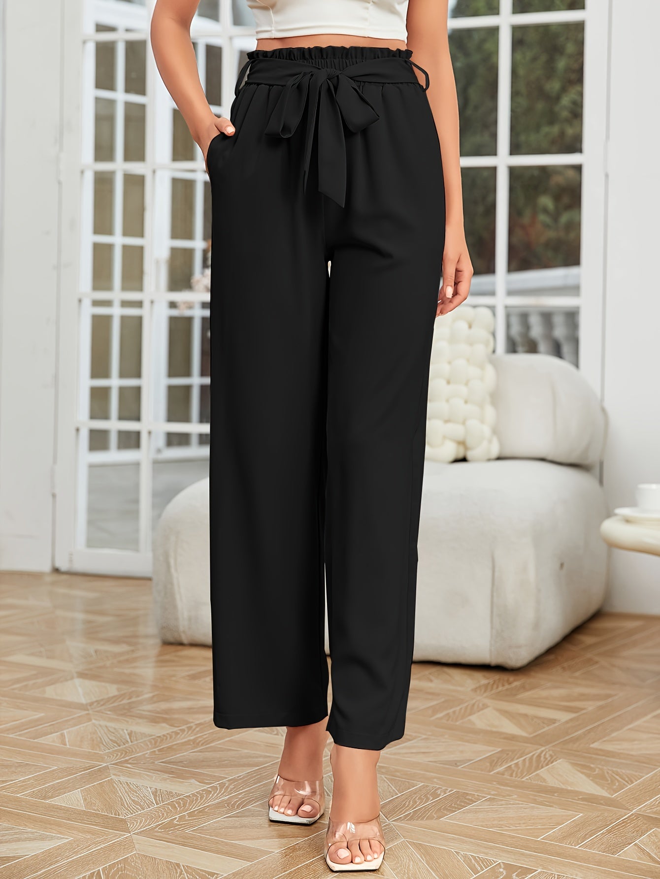 Solid Wide Leg Paper Waist Pants Long Length