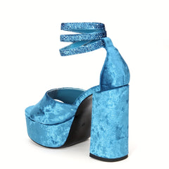 Velvet Platform Sandals Rhinestone Ankle Strap Block Heels