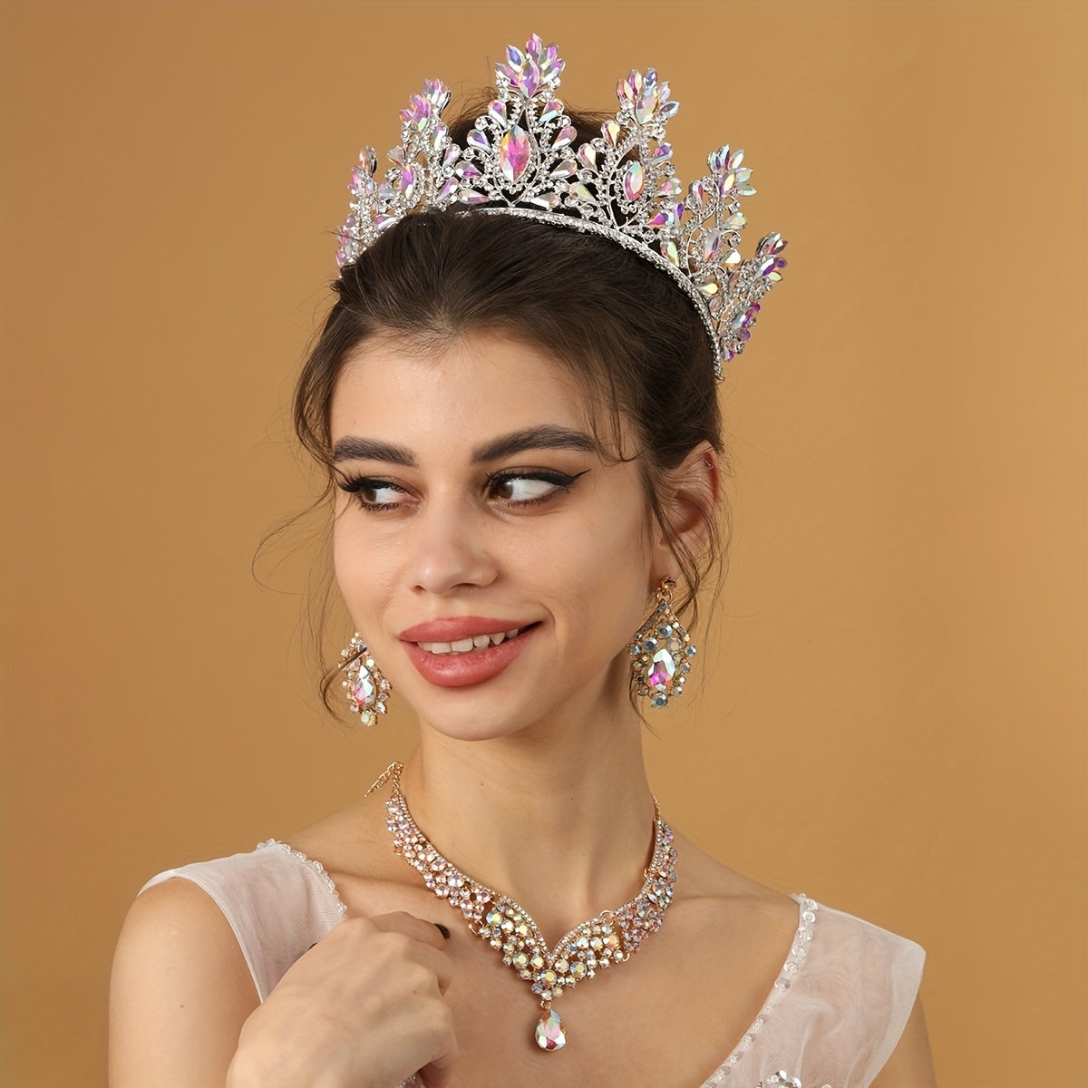 3pcs Bridal Crown Necklace Earrings Set Rhinestone Crystal Queen Crown Jewelry