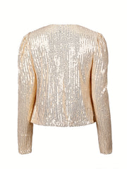 Sequined Solid Jacket Crew Neck Long Sleeve Outerwear Women's Clothing
