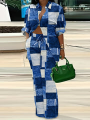 Colorblock Denim Print Shirt & Pants Set