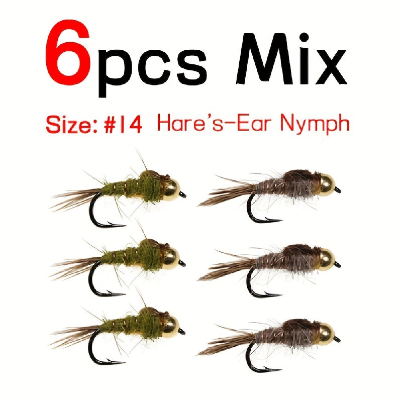6PCS 14 Brass Bead Hare's Ear Nymph Trout Fly Fishing Lure Bait