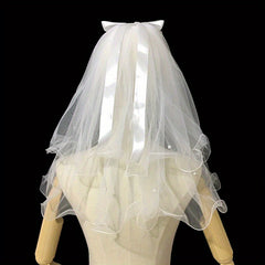 Double Layer Veil With Comb White Ribbon Bridal Hair Accessories