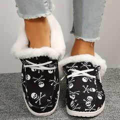 Plush Lined Canvas Shoes Halloween Skull Slip On Warm Shoes