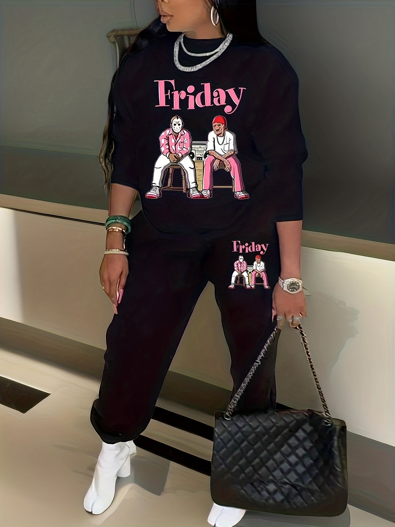 Women's Plus Size Cartoon Figure Print Long Sleeve Sweatshirt & Joggers Set
