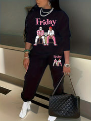 Women's Plus Size Cartoon Figure Print Long Sleeve Sweatshirt & Joggers Set