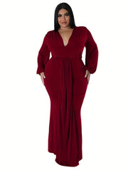Sexy Dress Solid Lantern Sleeve V Neck High Split Maxi Dress