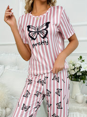 Butterfly Print Pajama Set Short Sleeve Top & Striped Pants Women's Sleepwear