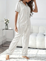 Striped Satin Pajama Set Short Sleeve Top & Lounge Pants