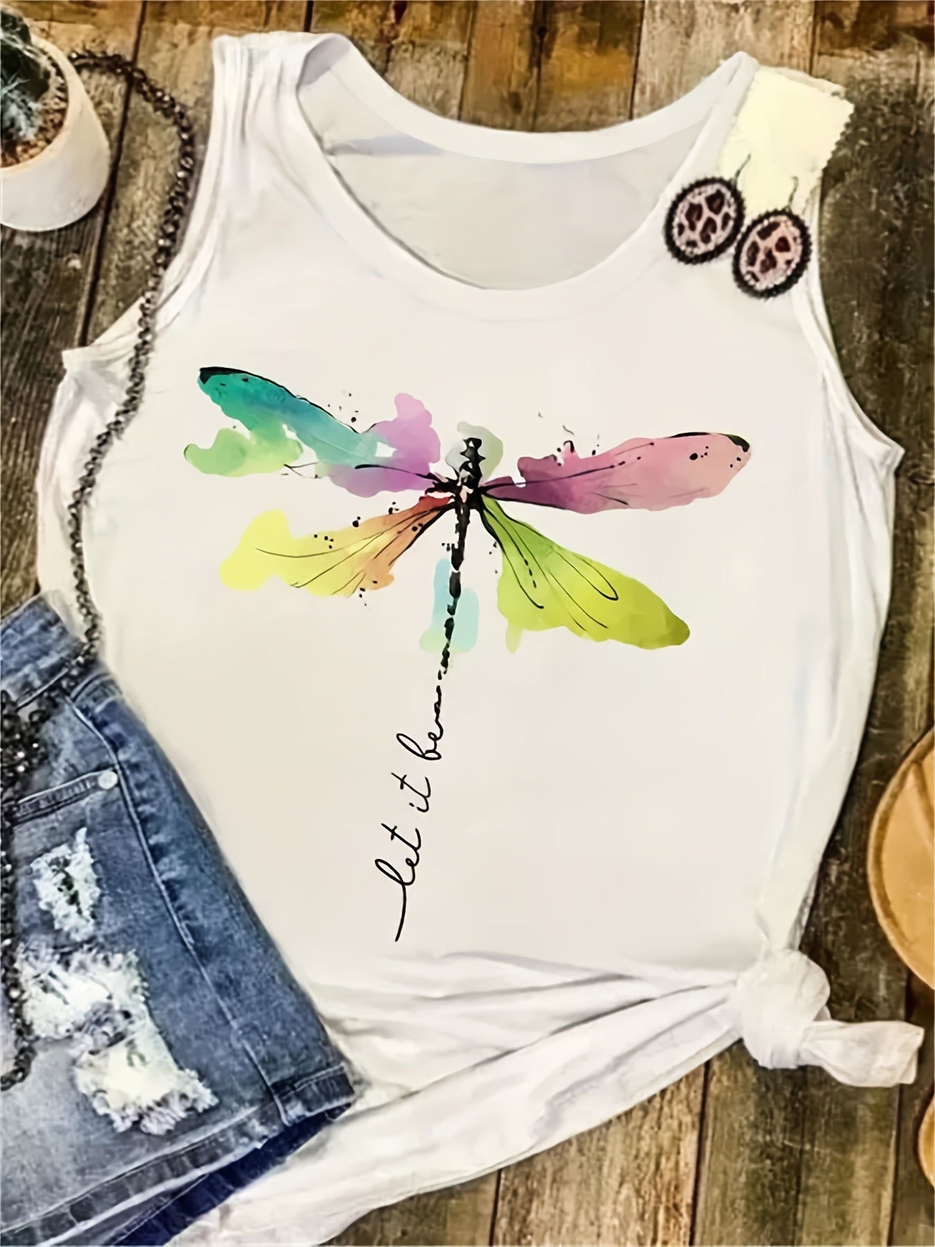 Dragonfly Print Tank Top Sleeveless Crew Neck Casual Tops