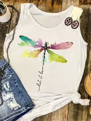Dragonfly Print Tank Top Sleeveless Crew Neck Casual Tops