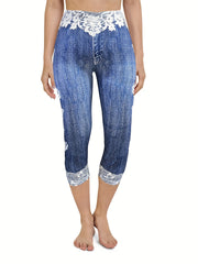 Denim & Butterfly Print Skinny Capris Leggings for Women