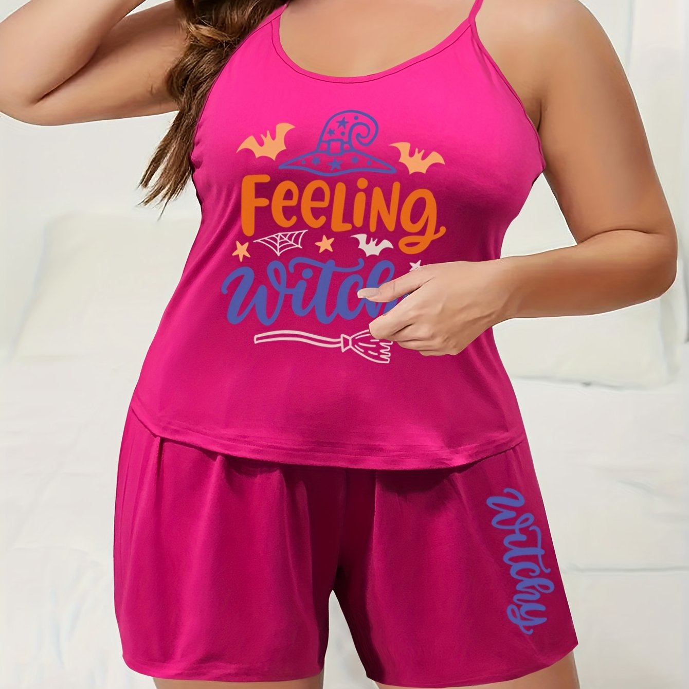 Halloween Pajama Set Witch Hat & Letter Print Round Neck Cami Top