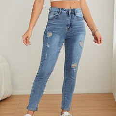 Distressed Skinny Jeans Medium Stretch Washed Denim Pants