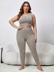 Women's Plus Ribbed Tank Top & Drawstring Pants 2pcs Outfits Set