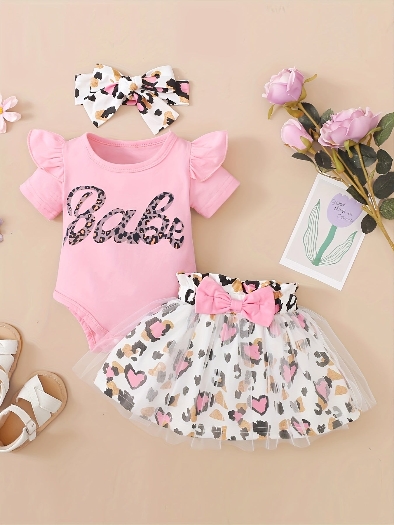 Baby Girls Cotton Ruffle Short Sleeve Bodysuit Matching Mesh Skirts Headband
