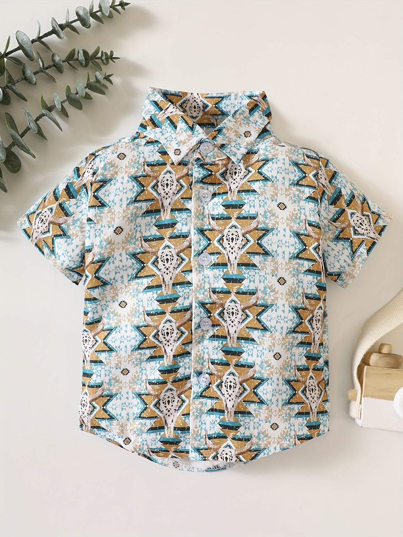 Western Cow Head Print Button Down Shirt Baby Boys Tee Top