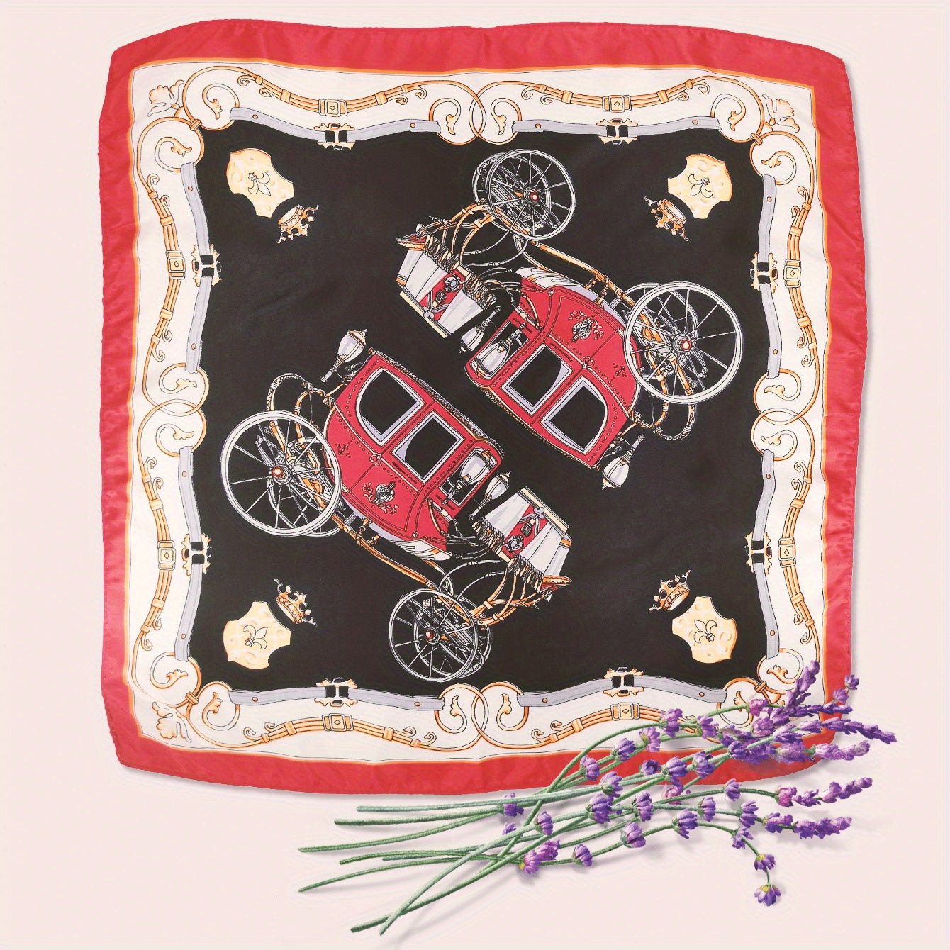 Vintage Carriage Print Bandana Shawl Satin Scarf Neckerchief Head Wrap