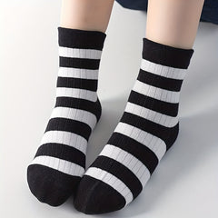 5 Pairs Girls Medium Tube Socks Autumn Winter Striped Regular Fashionable Socks