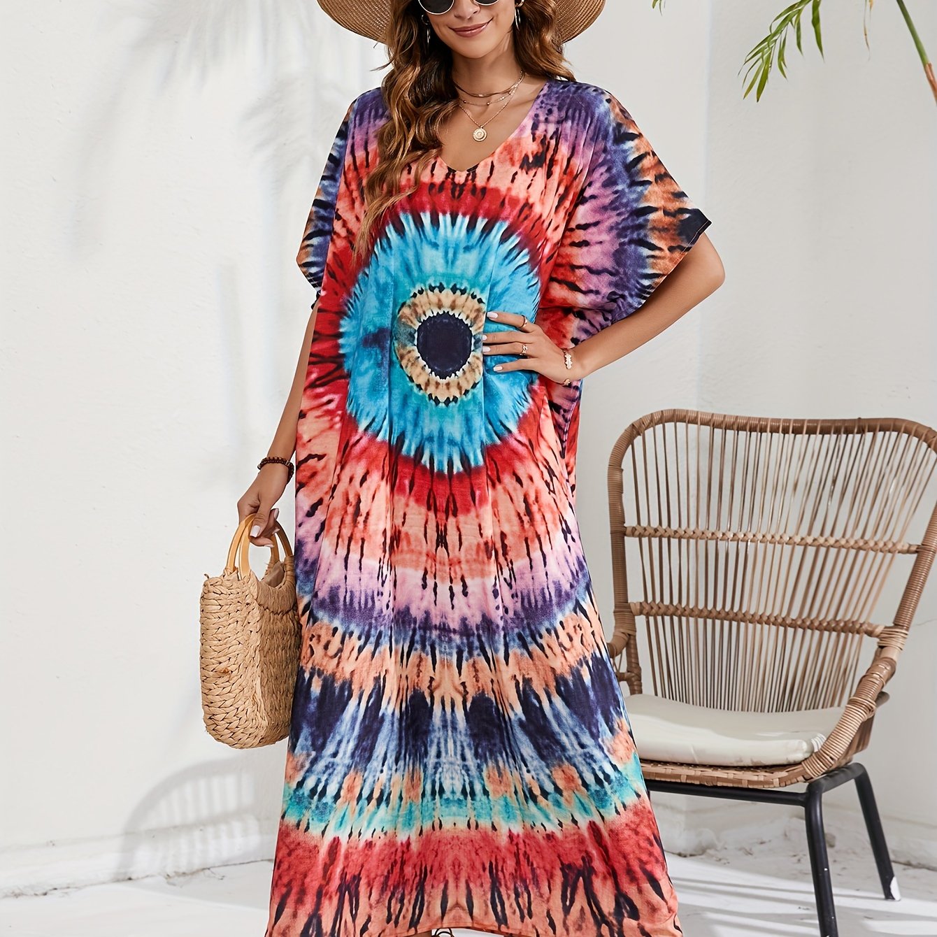 Boho Cover Up Plus Size Spiral Tie Dye Maxi Beach Dress