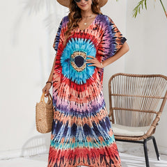 Boho Cover Up Plus Size Spiral Tie Dye Maxi Beach Dress
