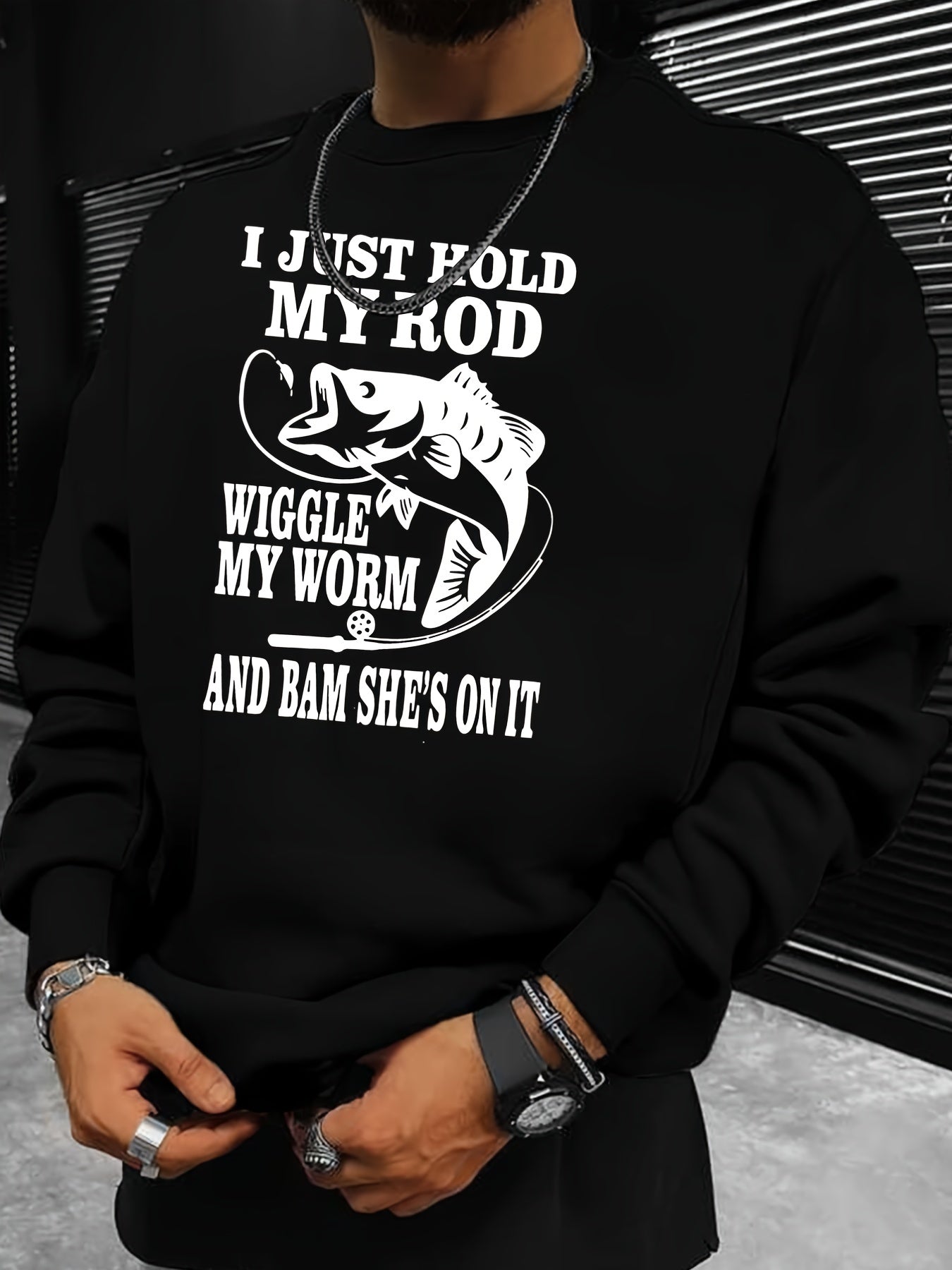 Funny Fishing Slogan Print Sweatshirt Men's Casual Crew Neck Pullover