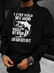 Funny Fishing Slogan Print Sweatshirt Men's Casual Crew Neck Pullover