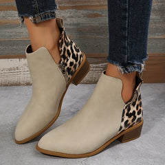 Leopard Pattern Chunky Boots Pointed Toe Side Zipper Short Boots