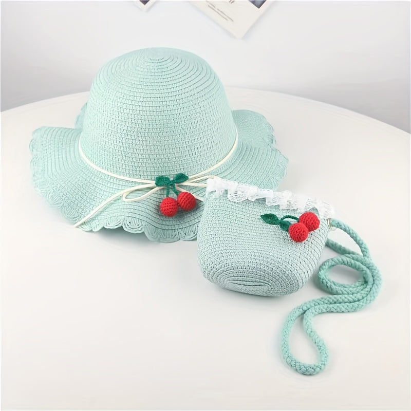 Girls Cherry Straw Sun Hat And Bag Set Lace Trim For Summer Kids