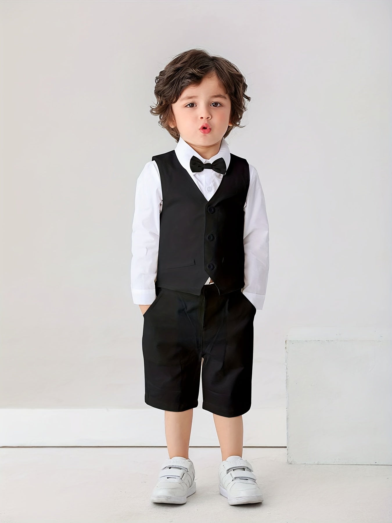 Baby Toddler Gentleman Suits Dress Shirt with Bow and Vest and Shorts