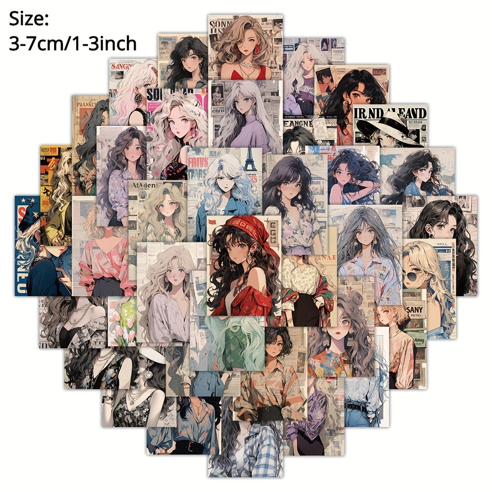 63pcs Retro Girl Cartoon Graffiti Stickers Waterproof Decorative Stickers