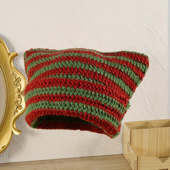 Striped Knitted Beanie Hat Cat Ears Pullover Hat For Men And Women