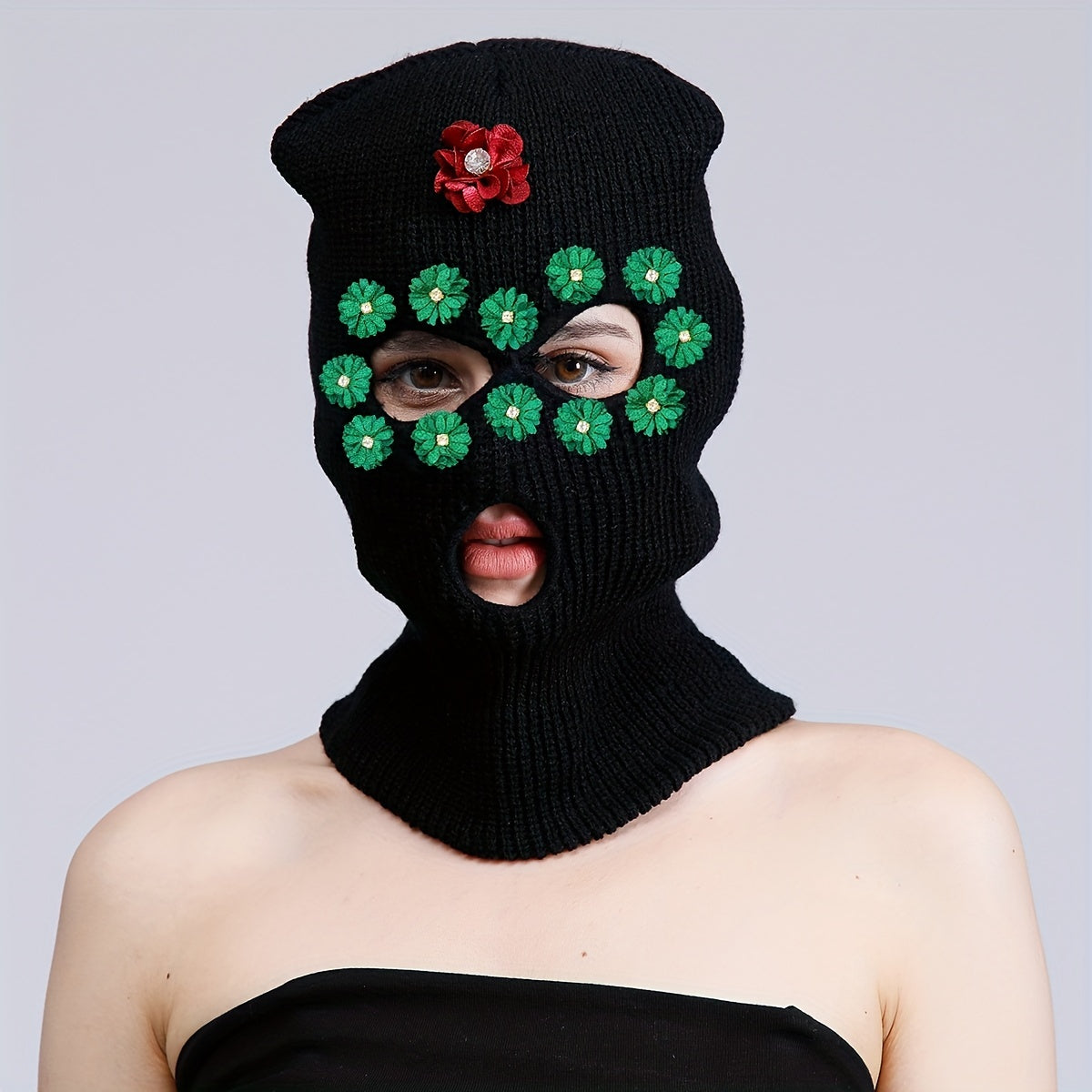 Rhinestone Flower Decor Balaclava Ski Mask Y2K Windproof Cycling Face Covering