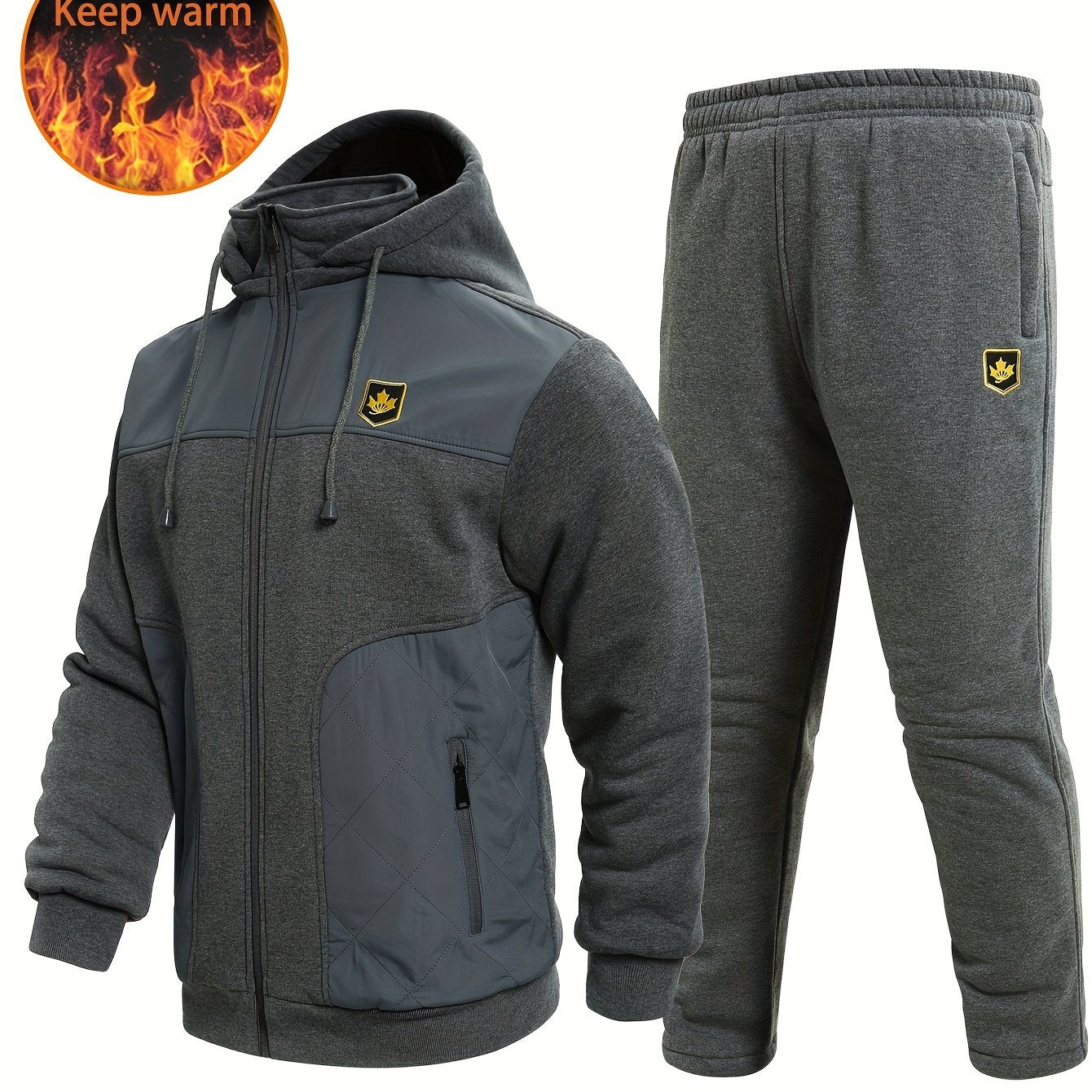 Men's 2 Pcs Zip Warm Hooded Jacket & Thermal Pants for Winter