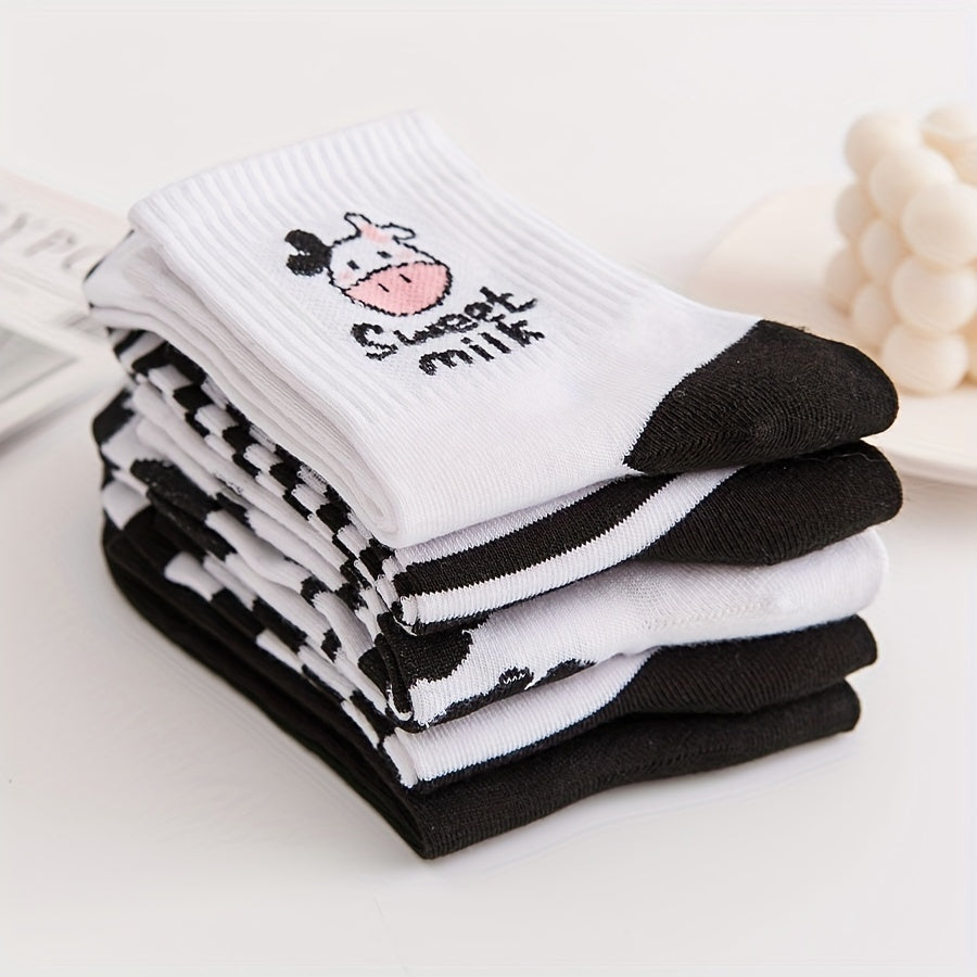 5 Pairs Cow Print Socks & Striped Crew Socks Women's Stockings