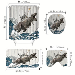 Cat Dinosaur Shower Curtain Set + Bath Mat + 12 Hooks - 71x71