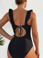 Ruffle Deep V Neck One Piece Swimsuit Cut Out Stretchy Bathing Suit