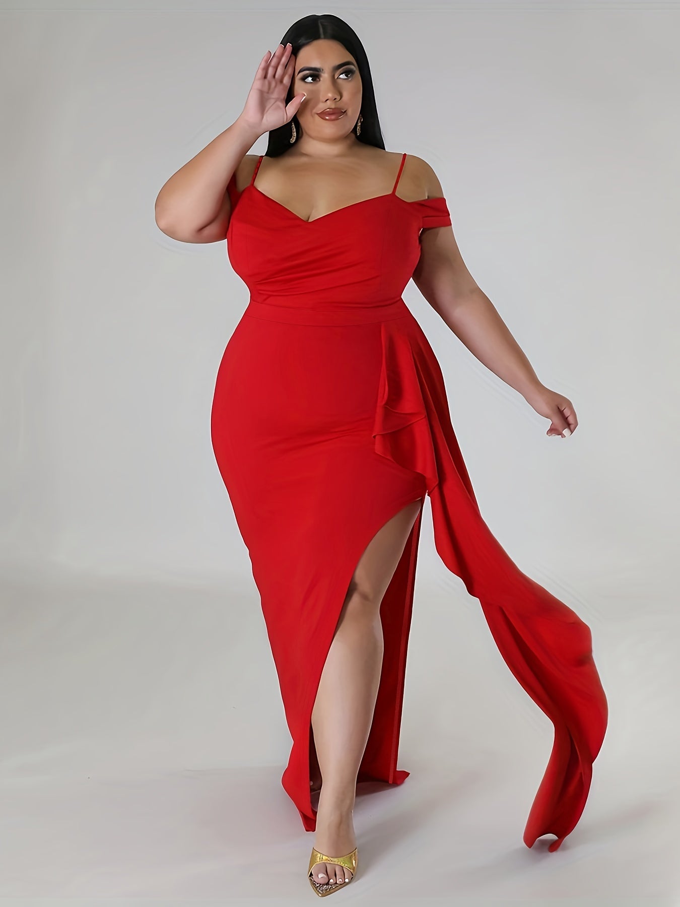 Sexy Dress Women's Plus Solid Cold Shoulder V Neck Split Dress