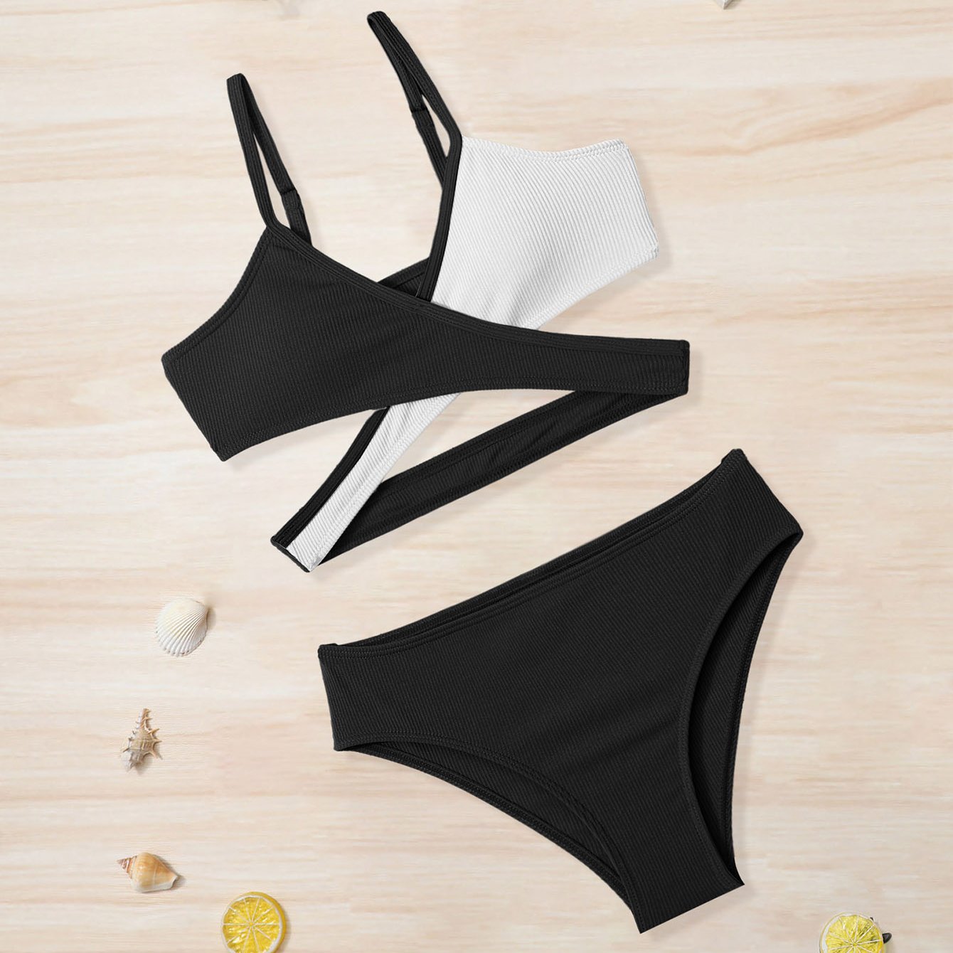 Girl's Ribbed Bikini Set Cross Cami Top & Briefs Stretchy Bathing Suit