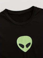 Alien Print Pajamas Set Short Sleeve Crew Neck Top & Shorts & Pants