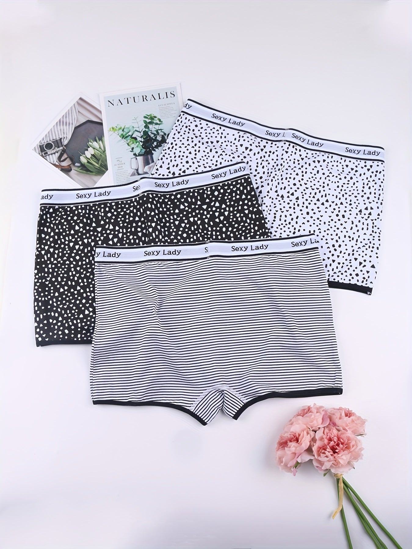 3 Pack Plus Size Sporty Panties Set Women's Plus Letter Tape Stripe & Dot Print