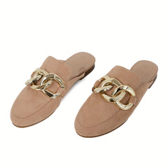 Women's Chain Decor Flat Mules Closed Toe Slip On Shoes