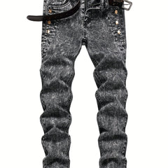 Slim Fit Flakes Pattern Biker Jeans Men's Casual Street Style Denim Pants